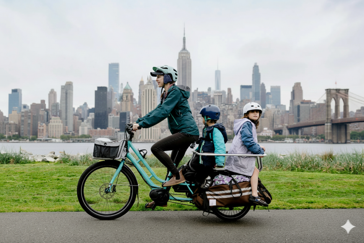 Family riding family cargo bike in NYC