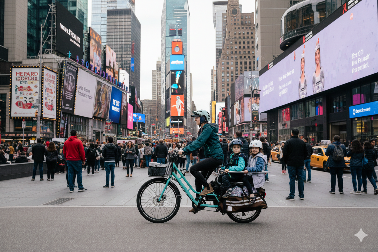 Family riding family cargo bike in NYC