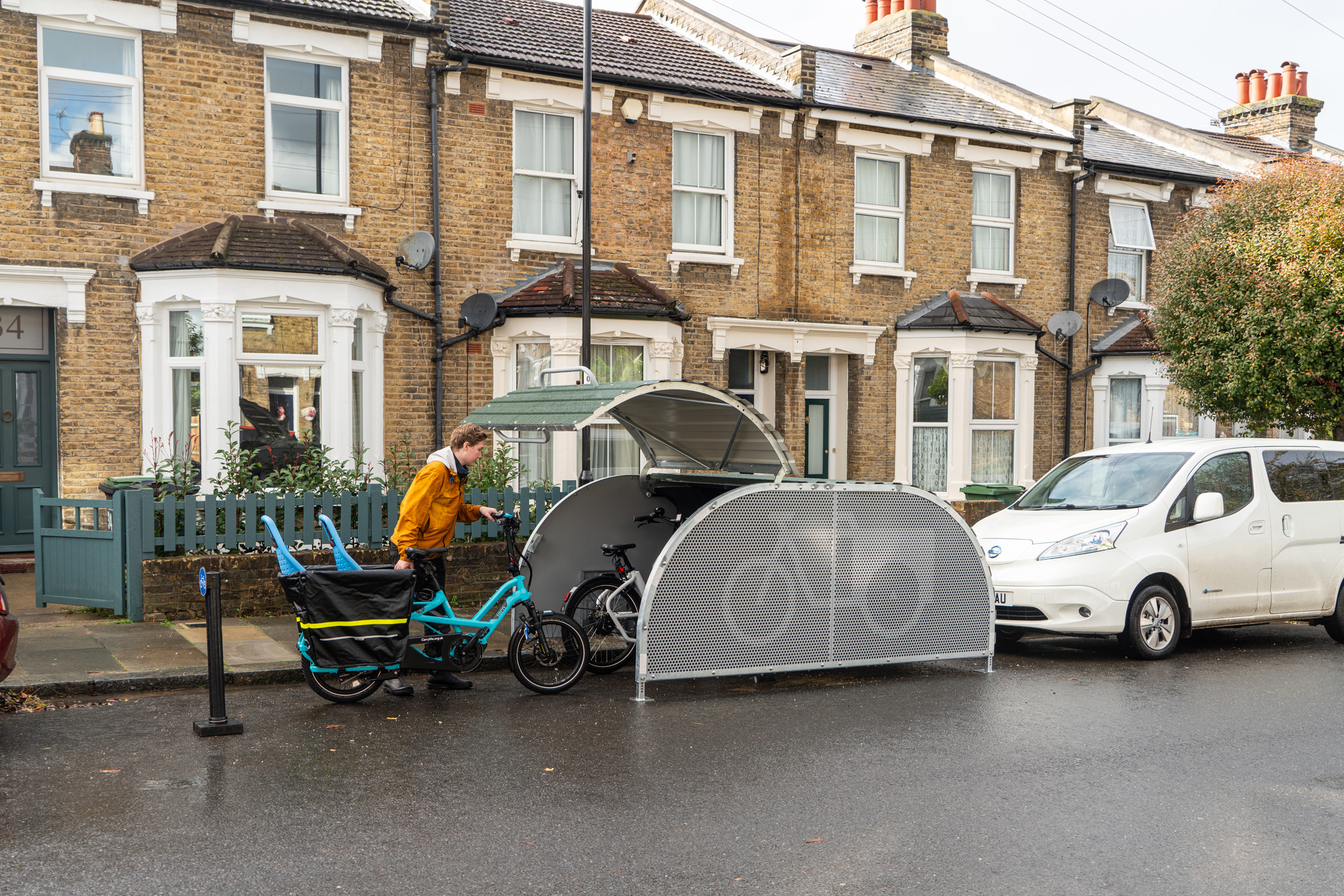 Modern bike storage units on urban street